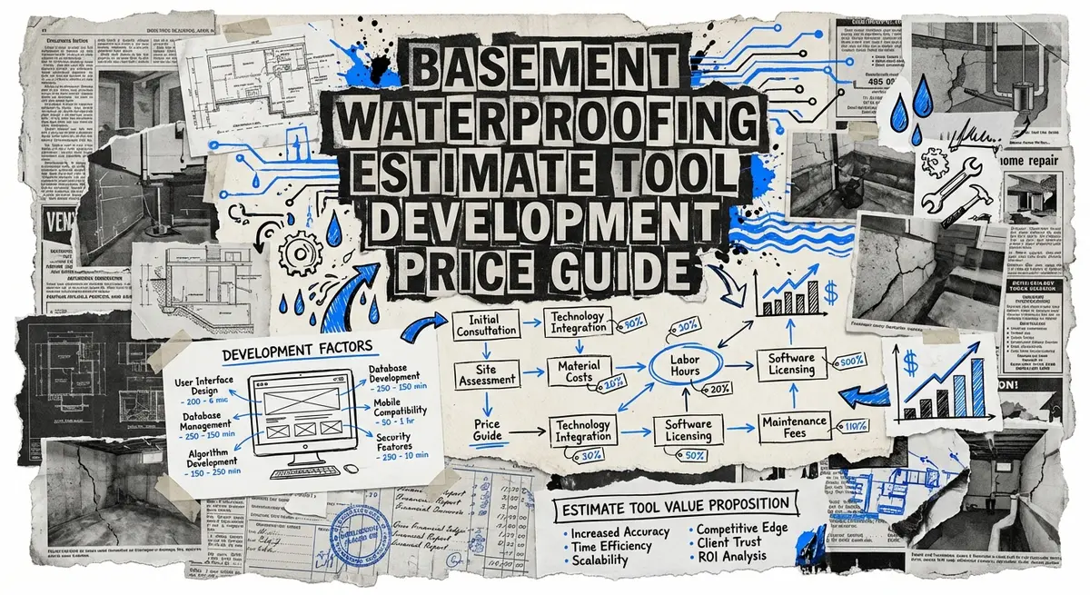 Basement waterproofing estimate tool development price guide collage with torn paper and blue accents