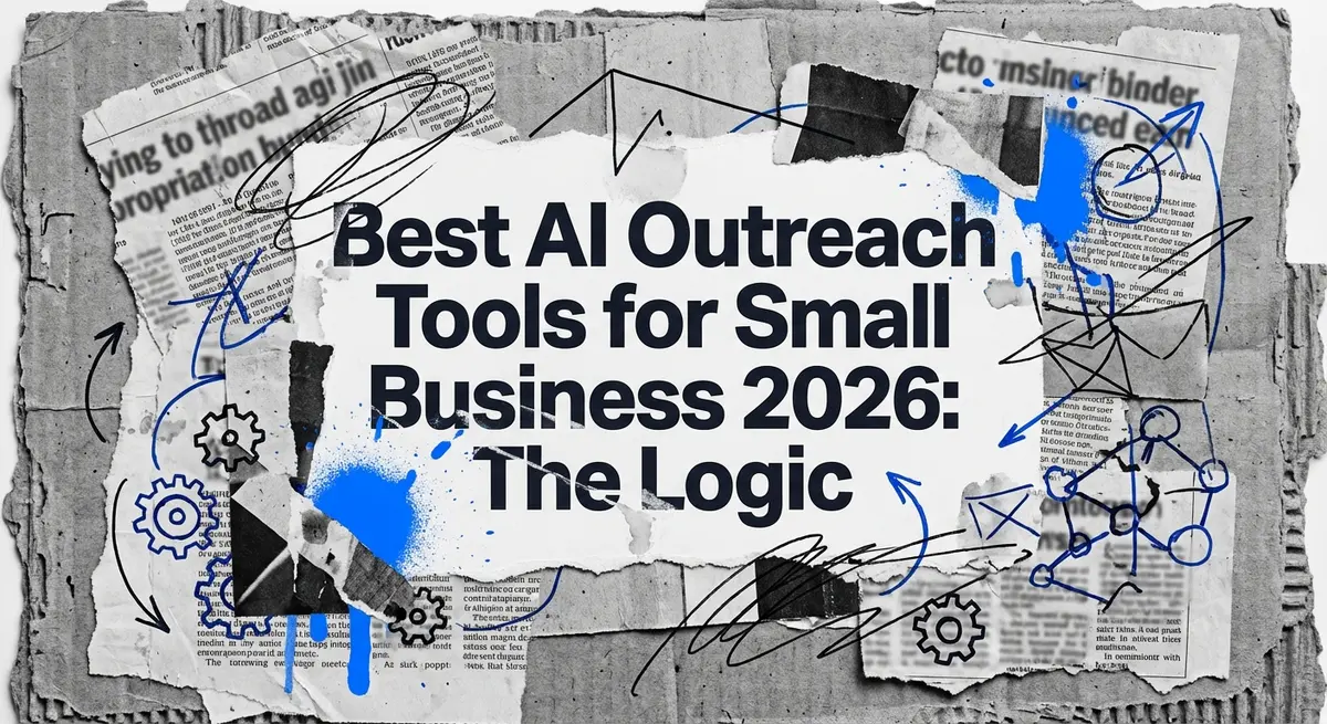 Best AI Outreach Tools for Small Business collage with torn paper and electric blue accents