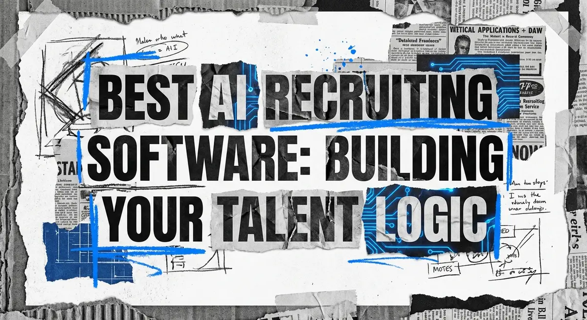 Best AI recruiting software collage with torn paper and electric blue accents