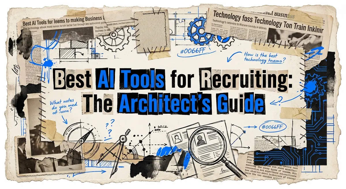 Best AI tools for recruiting collage with torn paper and electric blue accents