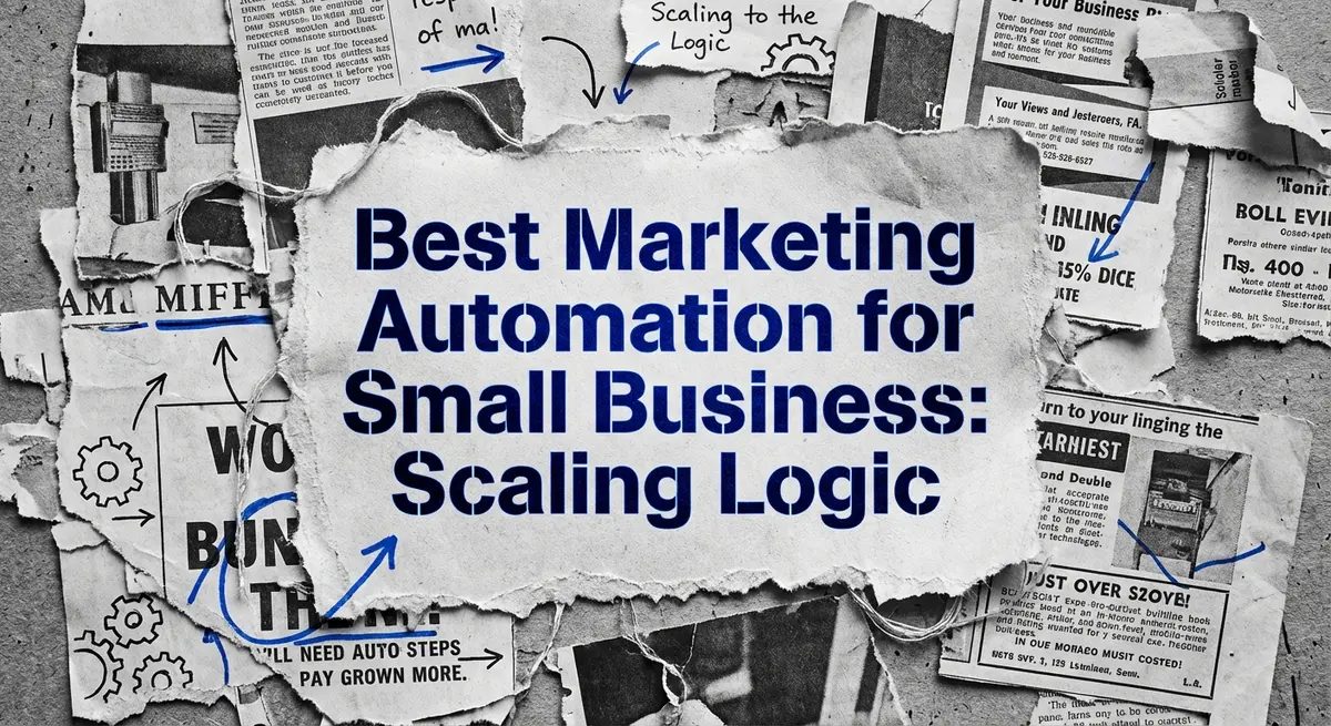 Best marketing automation for small business collage with torn paper and electric blue accents