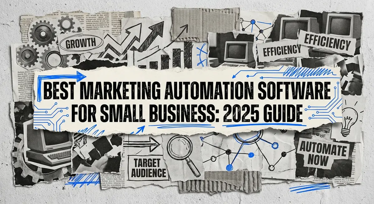 Best marketing automation software for small business collage with torn paper and blue accents