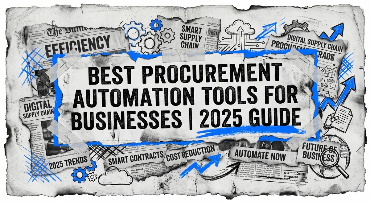 Best procurement automation tools for businesses featured image with torn paper collage style and electric blue accents