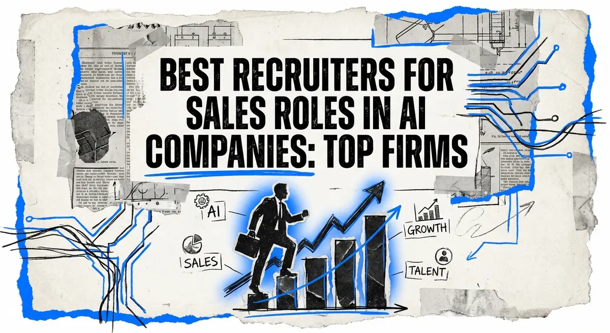 Best recruiters for sales roles in AI companies collage with business professional silhouette and #0066FF accents