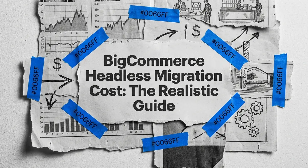 BigCommerce headless migration cost breakdown torn paper collage with electric blue accents