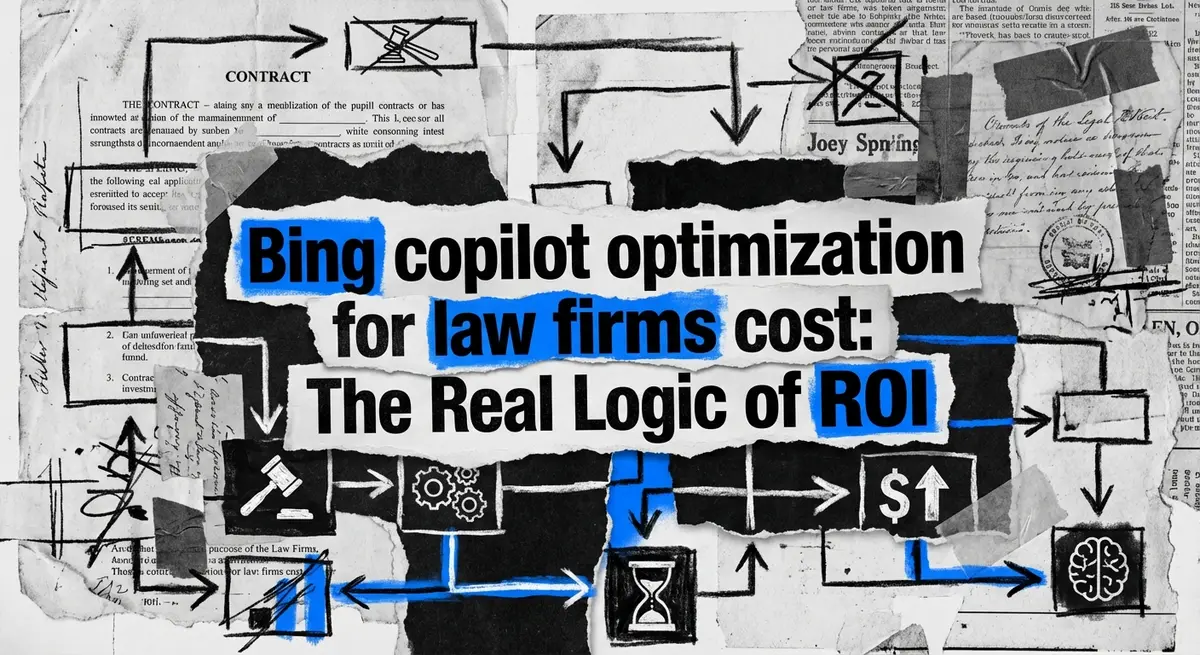 Bing copilot optimization for law firms cost collage with torn paper and electric blue accents
