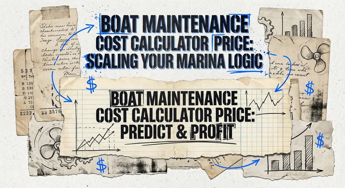 Boat maintenance cost calculator price concept art with torn paper and electric blue accents