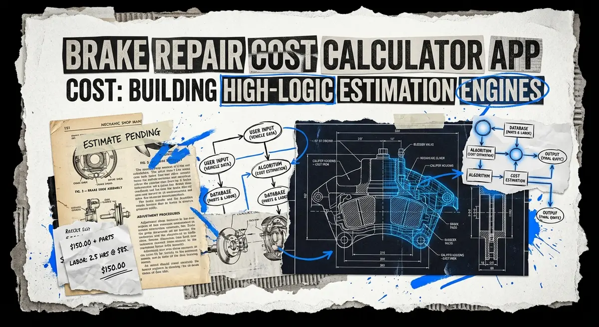 Brake repair cost calculator app cost collage with mechanic blueprints and digital pricing nodes