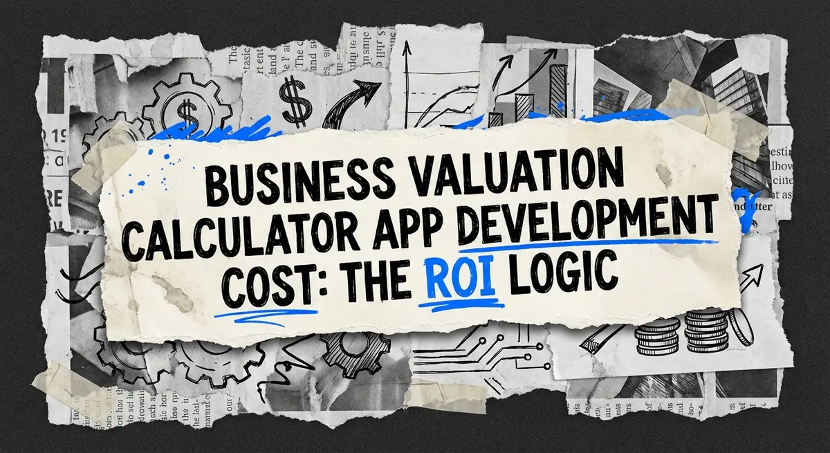Business Valuation Calculator App Development Cost collage style with financial charts