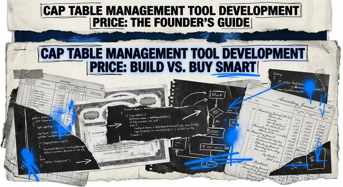Torn paper collage illustrating cap table management tool development price comparison with vintage ledger elements