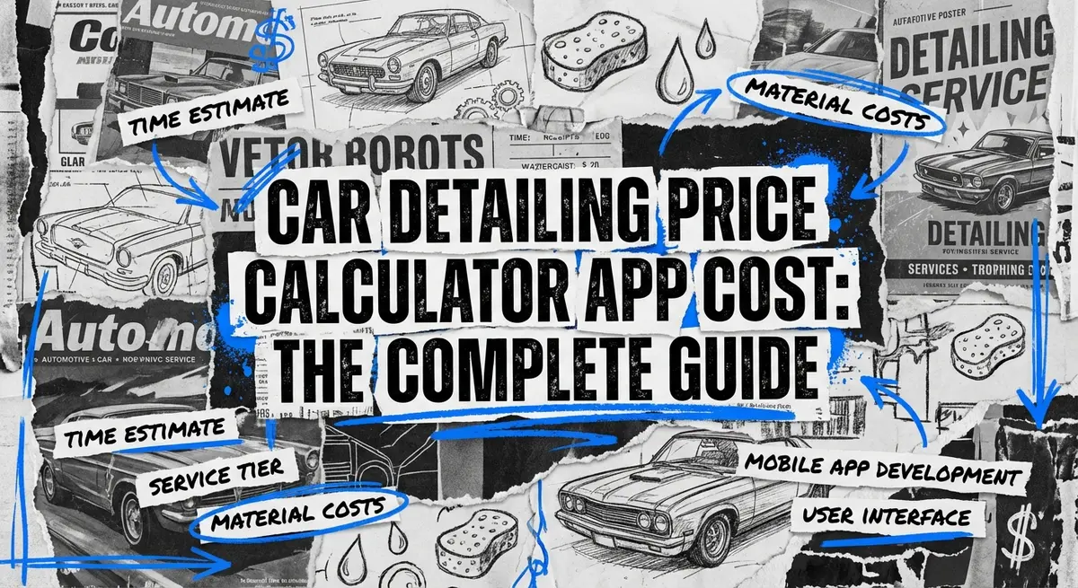 Car Detailing Price Calculator App Cost torn paper collage with electric blue accents