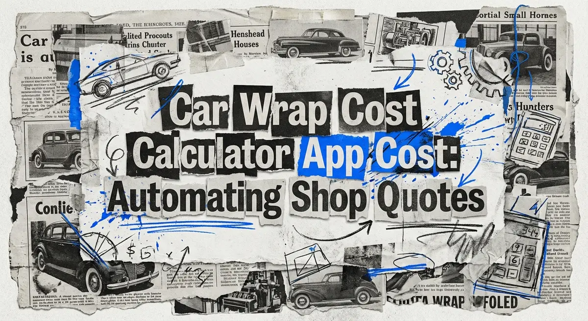 Car wrap cost calculator app cost collage with torn paper and electric blue accents