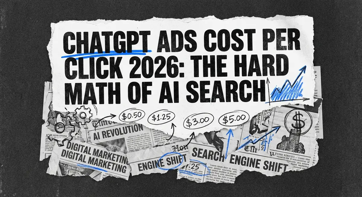 ChatGPT ads cost per click analysis showing torn paper collage with financial charts and AI brain diagrams in electric blue #0066FF