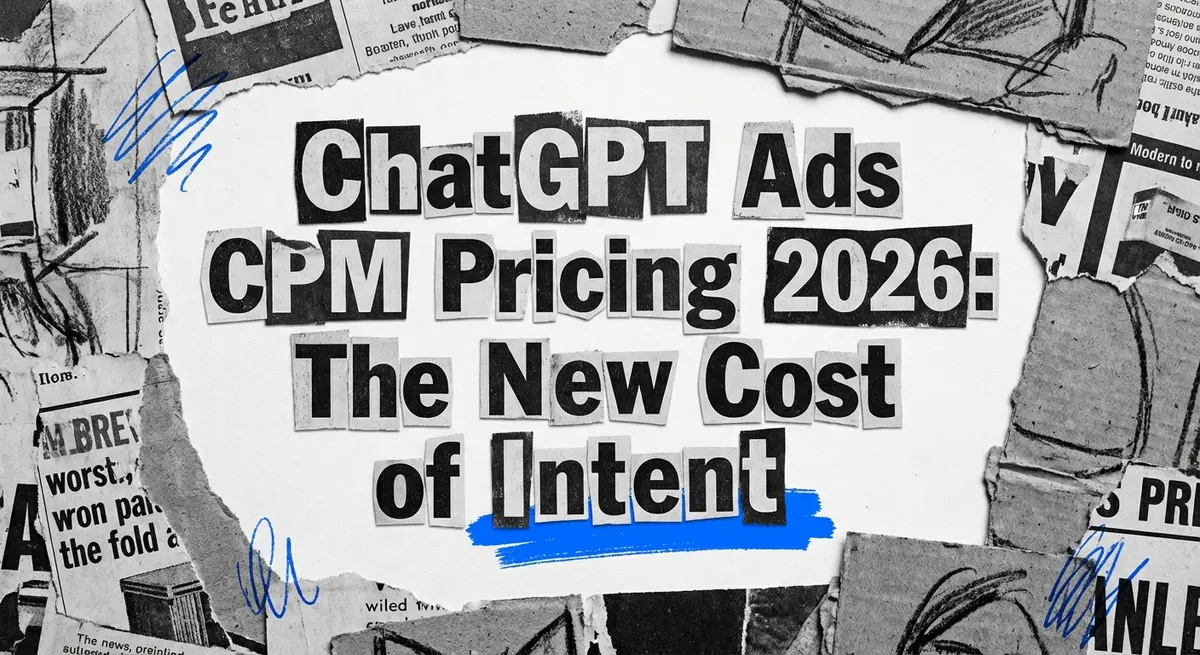 ChatGPT Ads CPM Pricing 2026 collage art with torn paper and electric blue accents