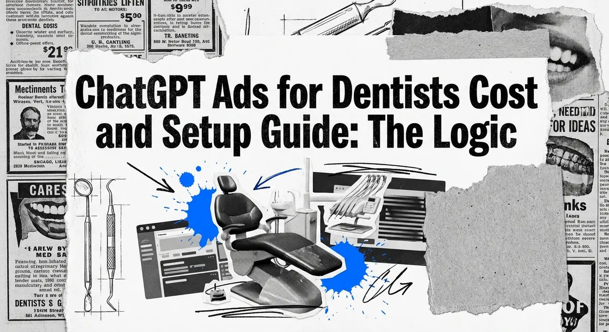 Torn paper collage featuring chatgpt ads for dentists cost and setup guide text with electric blue accents