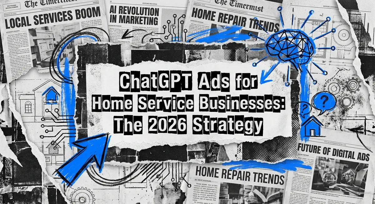 Torn paper collage featuring ChatGPT Ads for Home Service Businesses with electric blue accents