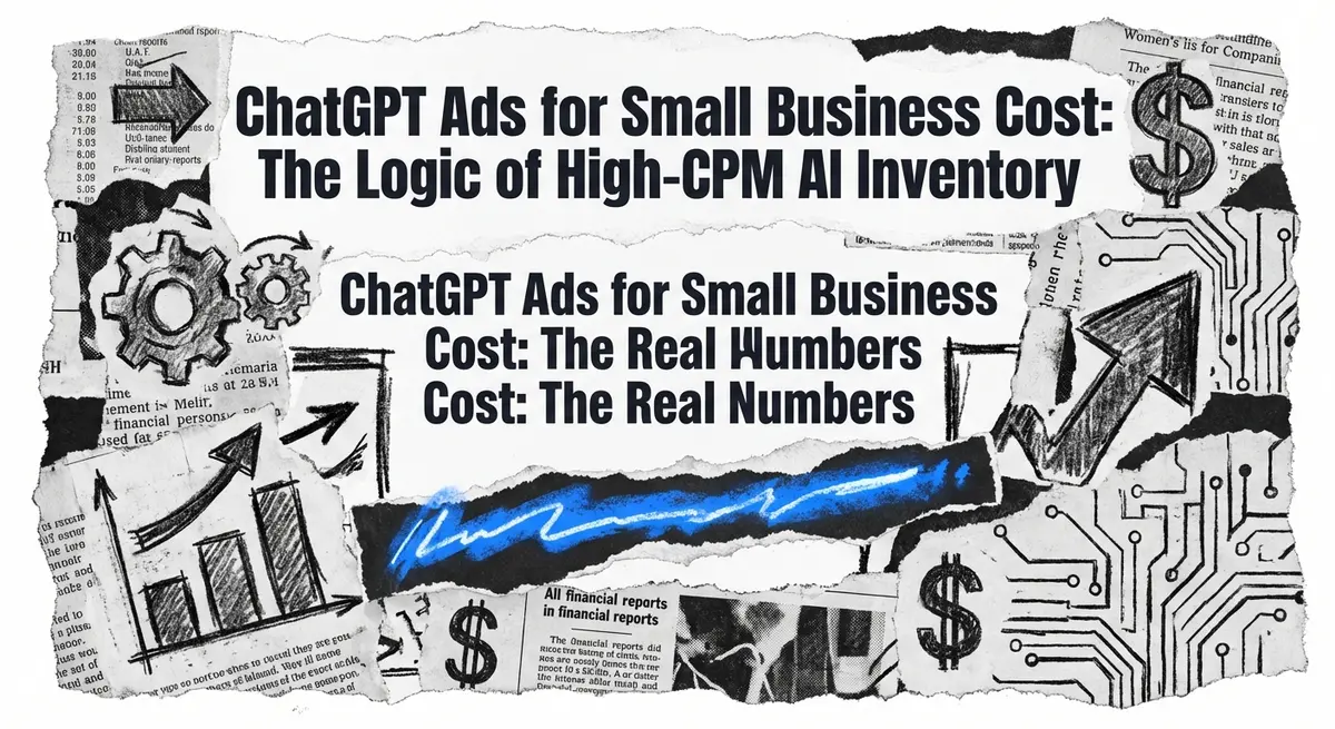 Torn paper collage featuring the title ChatGPT Ads for Small Business Cost with electric blue accents