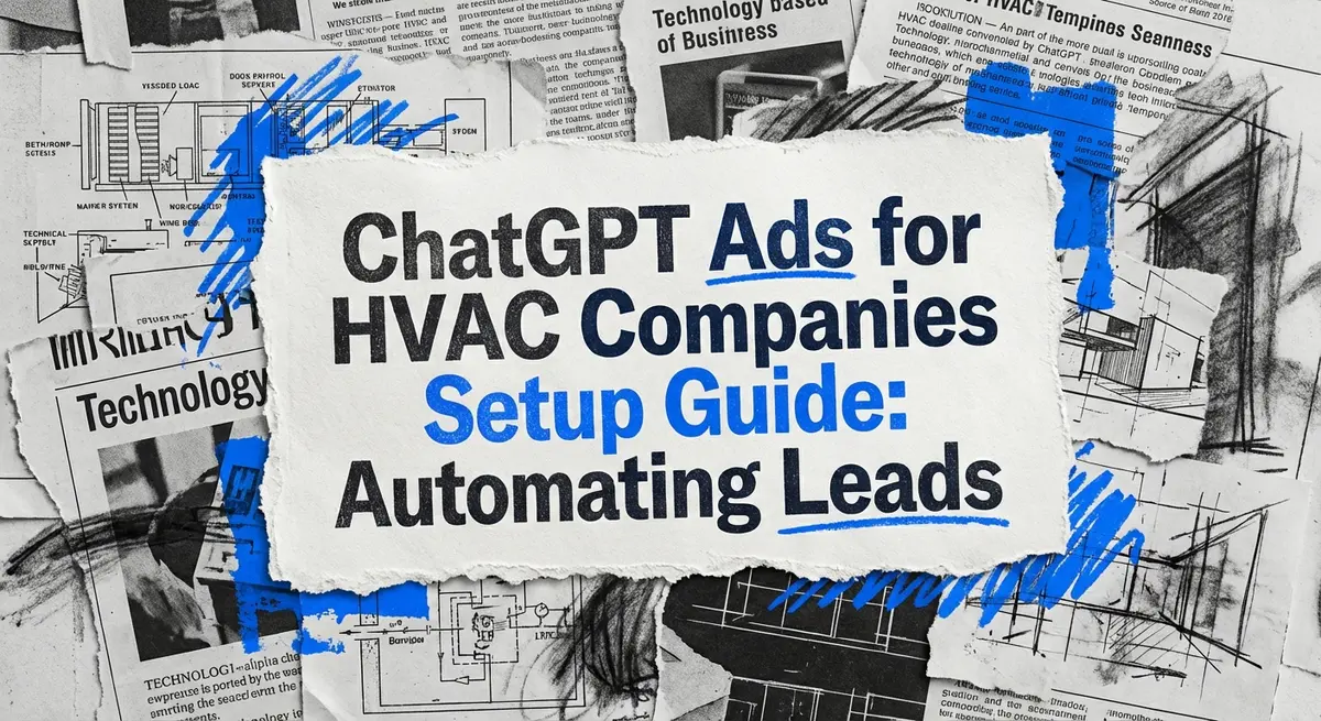 Torn paper collage featuring chatgpt ads for hvac companies setup guide text with blue accents