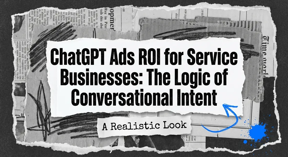ChatGPT ads ROI for service businesses concept with torn paper art and #0066FF accents