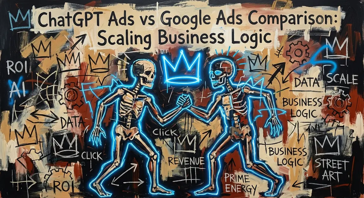 Neo-expressionist art representing the chatgpt ads vs google ads comparison with electric blue accents