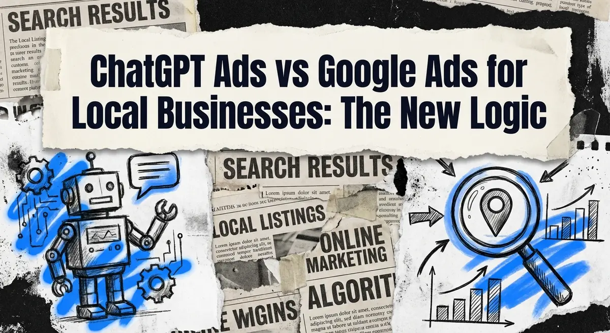Black and white torn paper collage featuring ChatGPT Ads vs Google Ads for Local Businesses text with electric blue accents