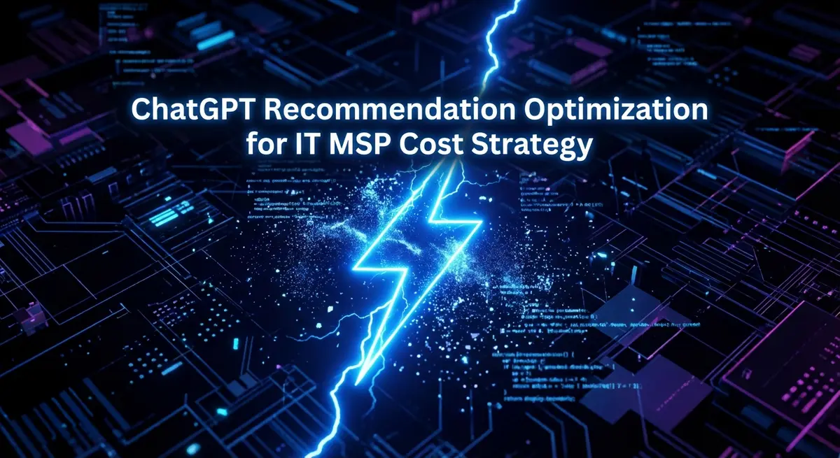 Abstract digital landscape with electric blue lightning representing chatgpt recommendation optimization for it msp cost strategy
