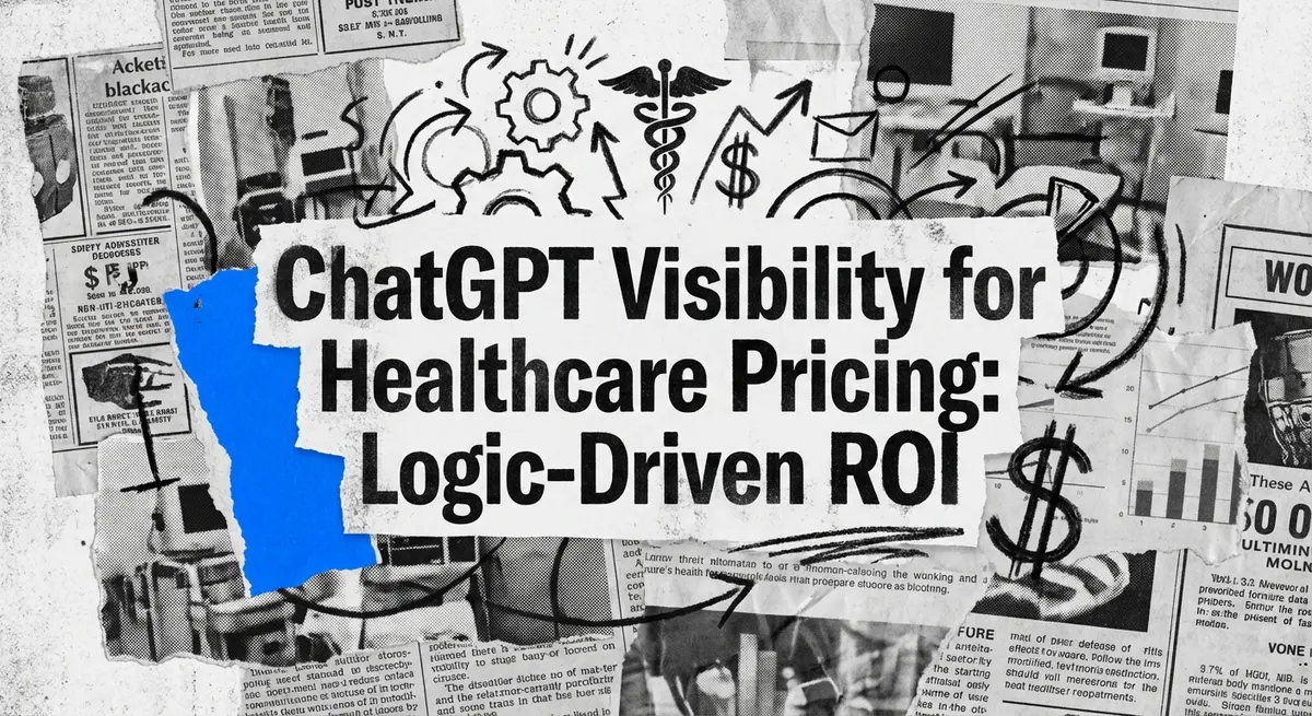 ChatGPT Visibility for Healthcare Pricing collage with torn paper and electric blue accents