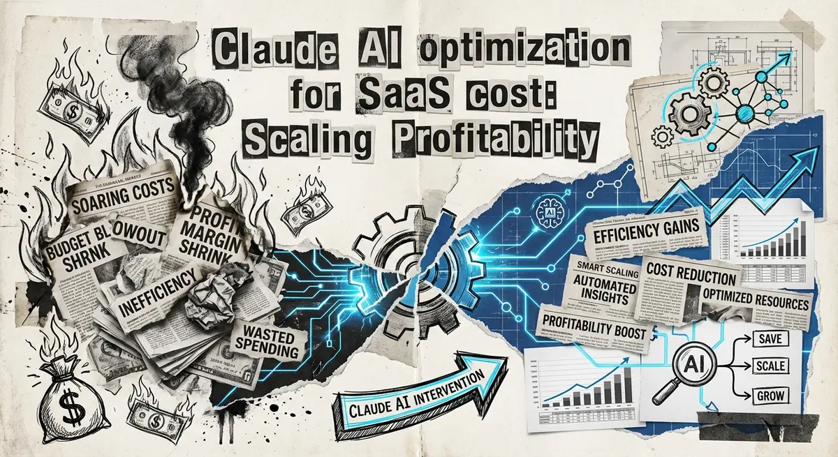 Claude AI optimization for SaaS cost featured image showing torn paper and electric blue accents