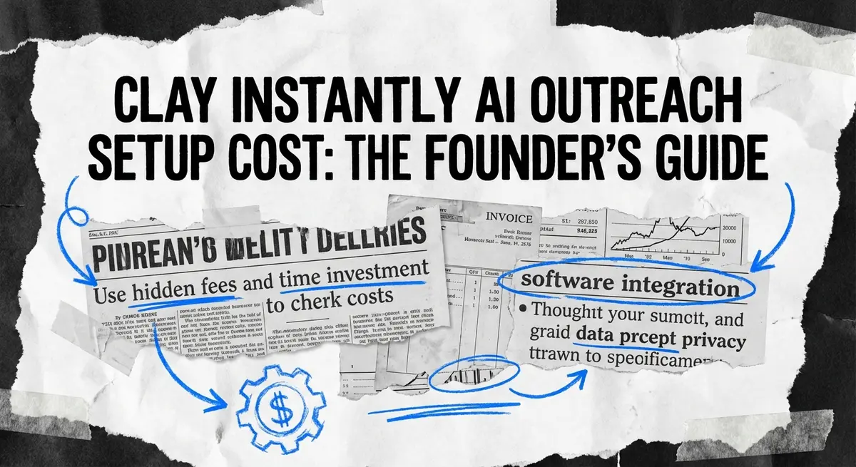 Clay instantly ai outreach setup cost torn paper collage showing hidden fees