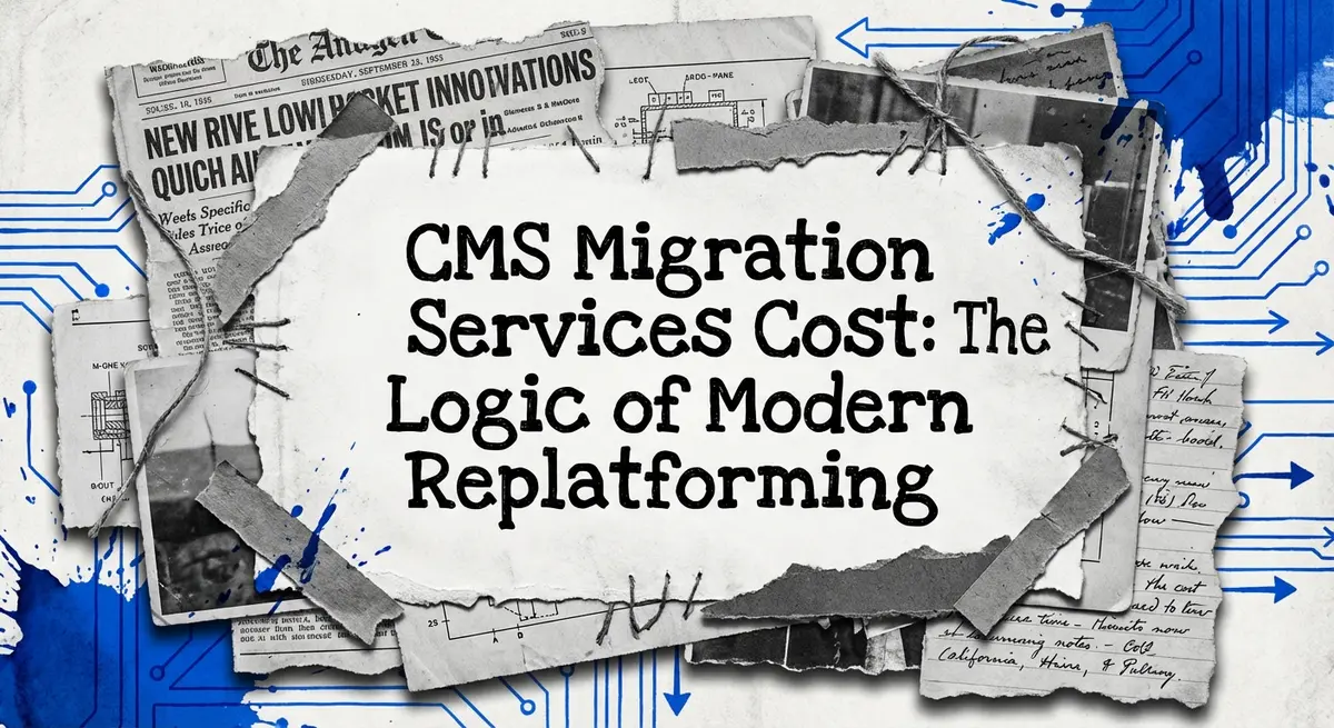 CMS migration services cost concept art with torn paper and electric blue accents