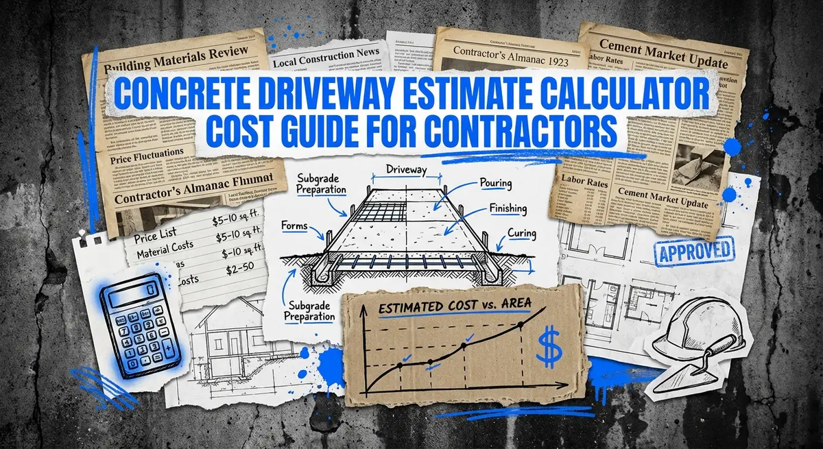 Torn paper collage illustration for concrete driveway estimate calculator cost guide