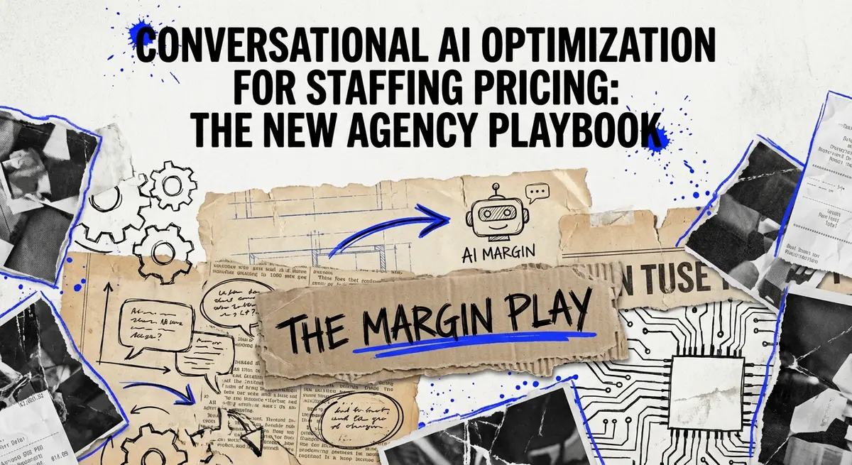 Conversational AI Optimization for Staffing Pricing collage with torn paper and electric blue accents