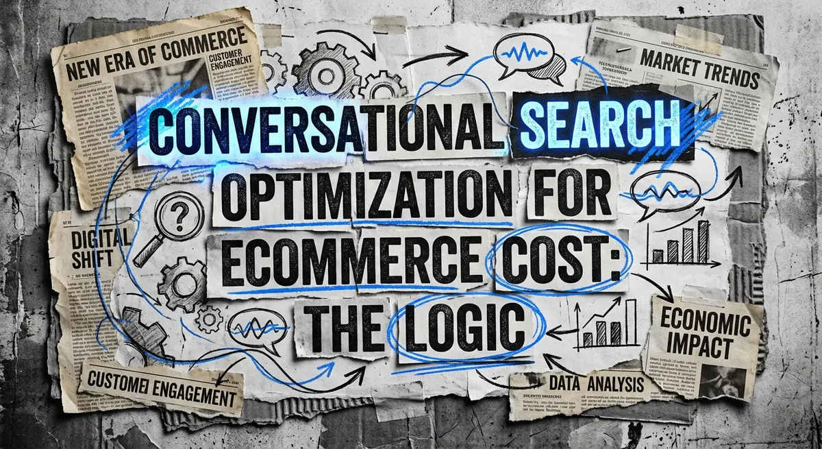 Conversational search optimization for ecommerce cost analysis torn paper collage with electric blue accents