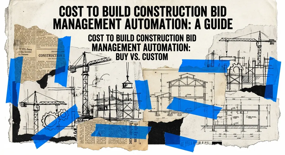 Cost to build construction bid management automation torn paper collage with blueprints