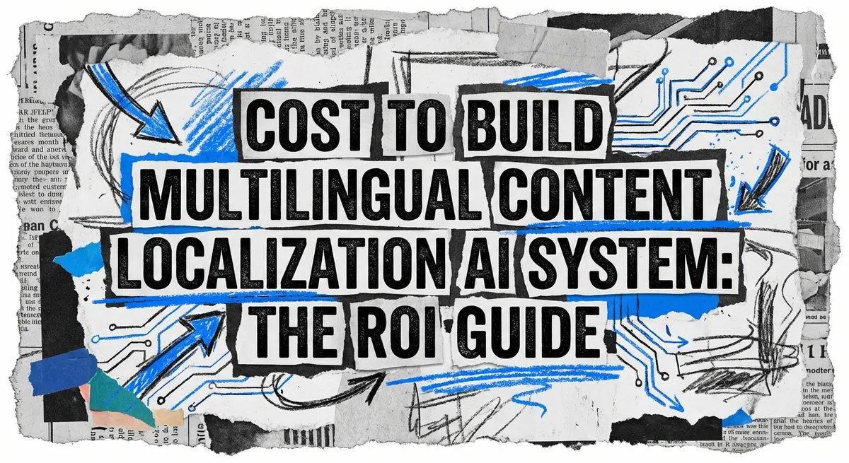 Collage art showing cost to build multilingual content localization AI system with #0066FF blue accents
