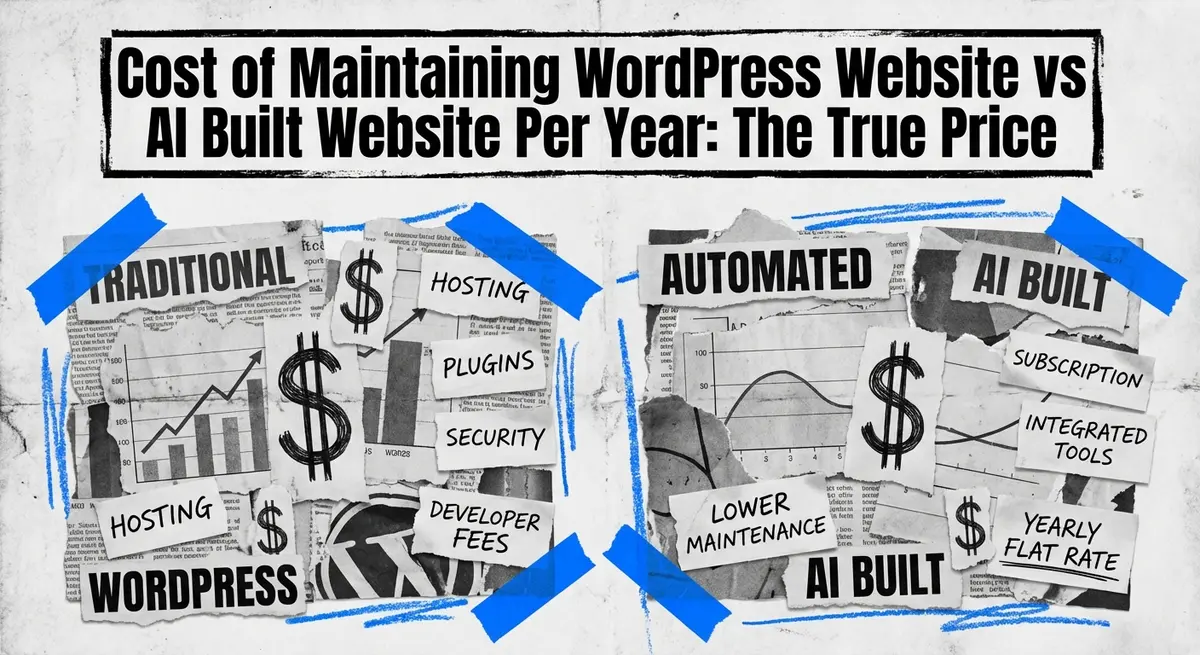 Cost of Maintaining WordPress Website vs AI Built Website Per Year collage art