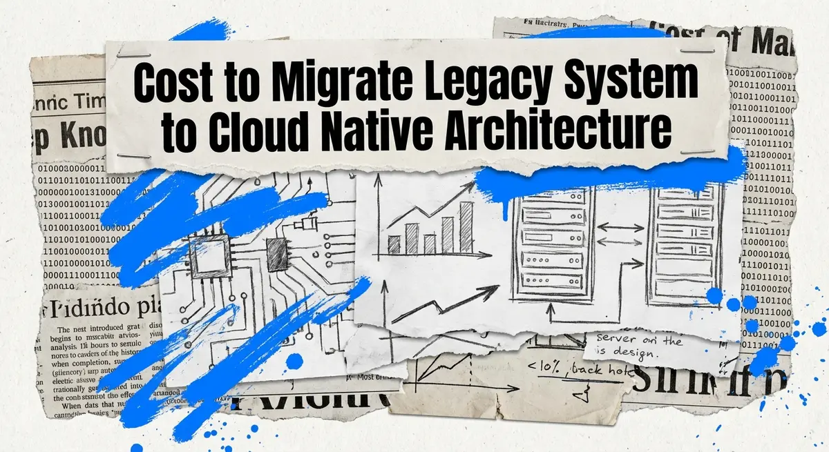 Cost to migrate legacy system to cloud native architecture torn paper collage with electric blue accents