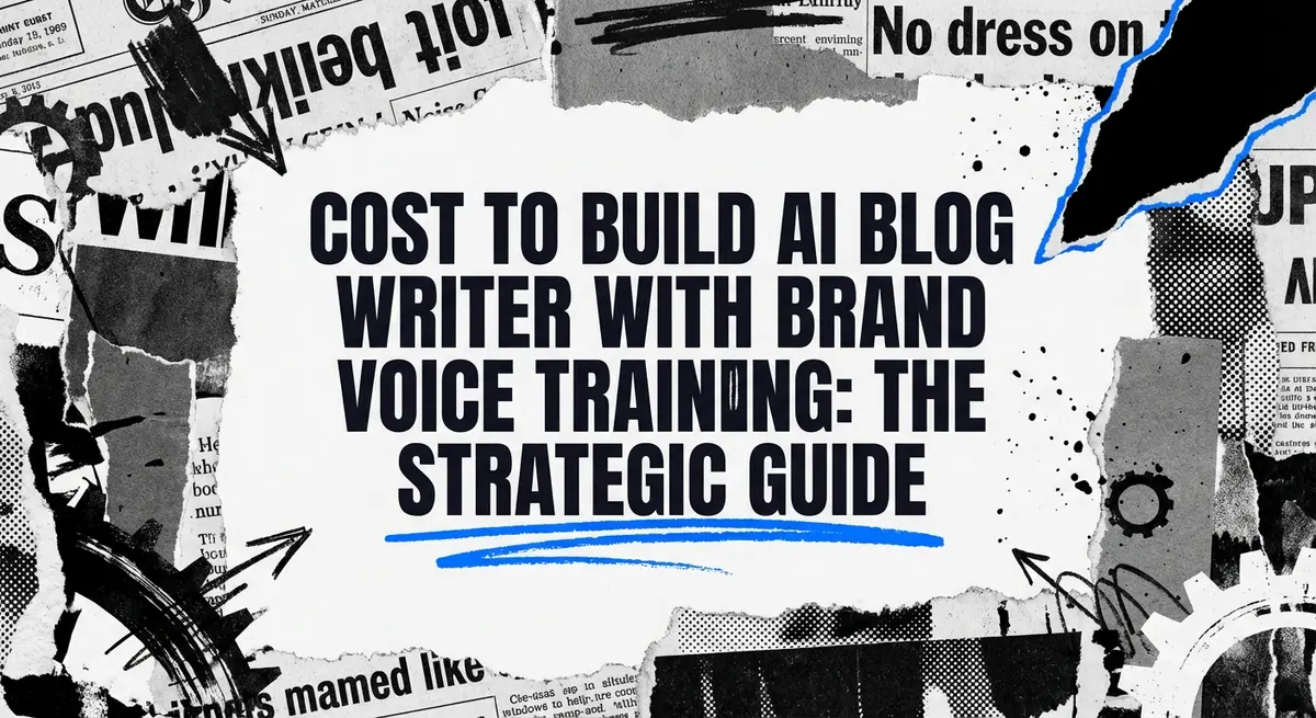 Cost to build AI blog writer with brand voice training concept art in torn paper style