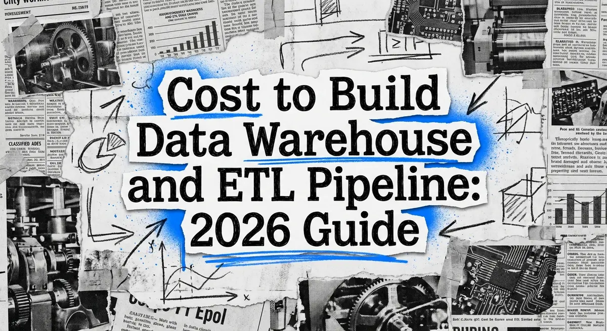 Cost to build a data warehouse and ETL pipeline breakdown on torn paper collage