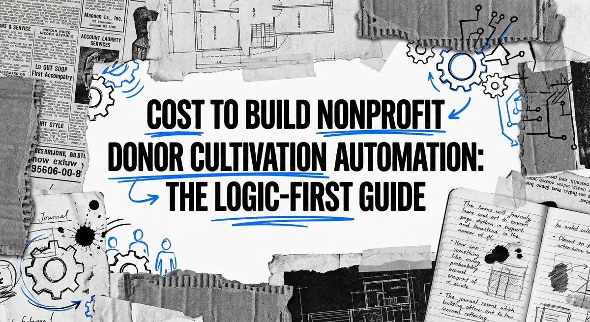 Cost to build nonprofit donor cultivation automation concept art with torn paper style and electric blue accents