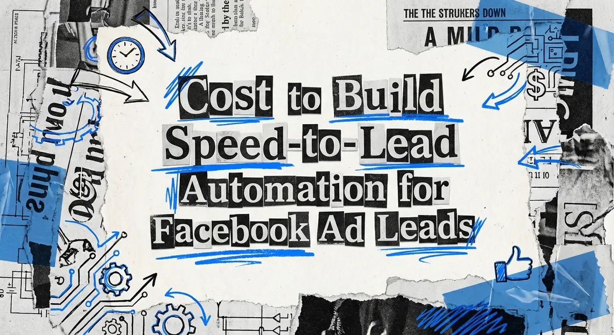 Cost to build speed-to-lead automation for Facebook ad leads collage with torn paper and electric blue accents