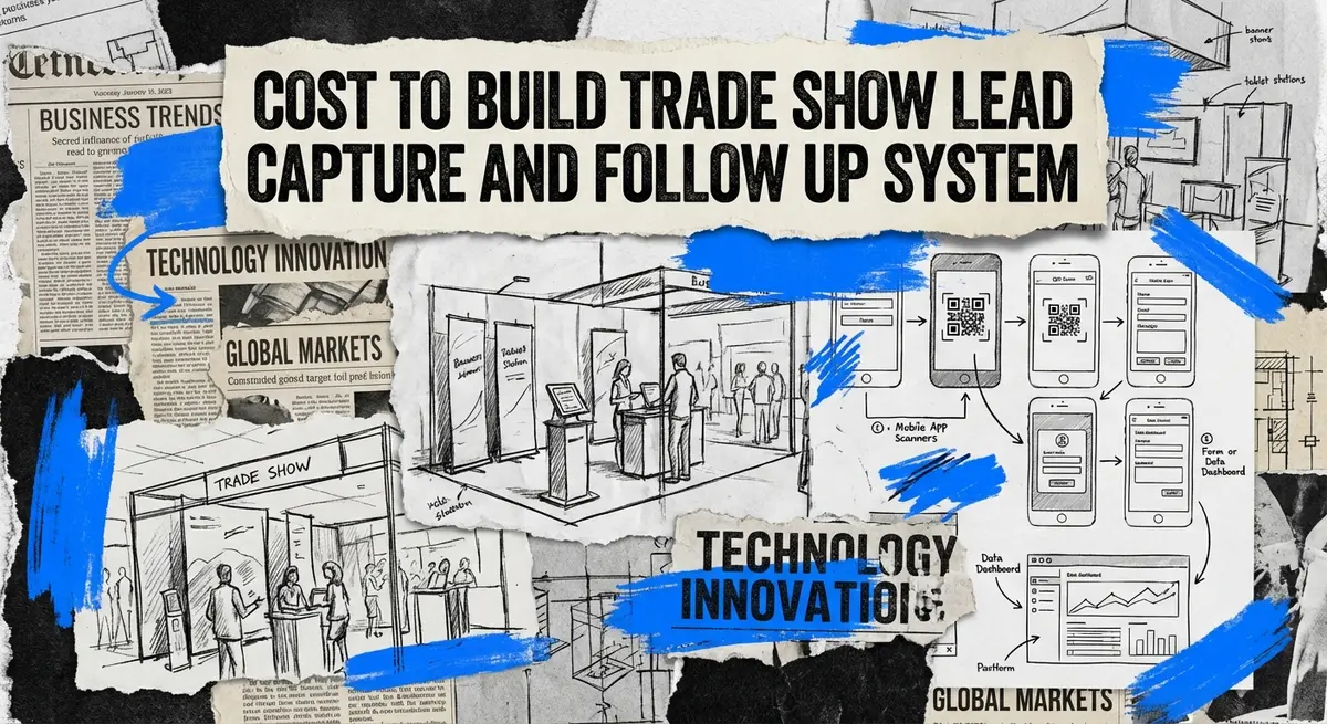 Cost to build trade show lead capture and follow up system torn paper collage with electric blue accents