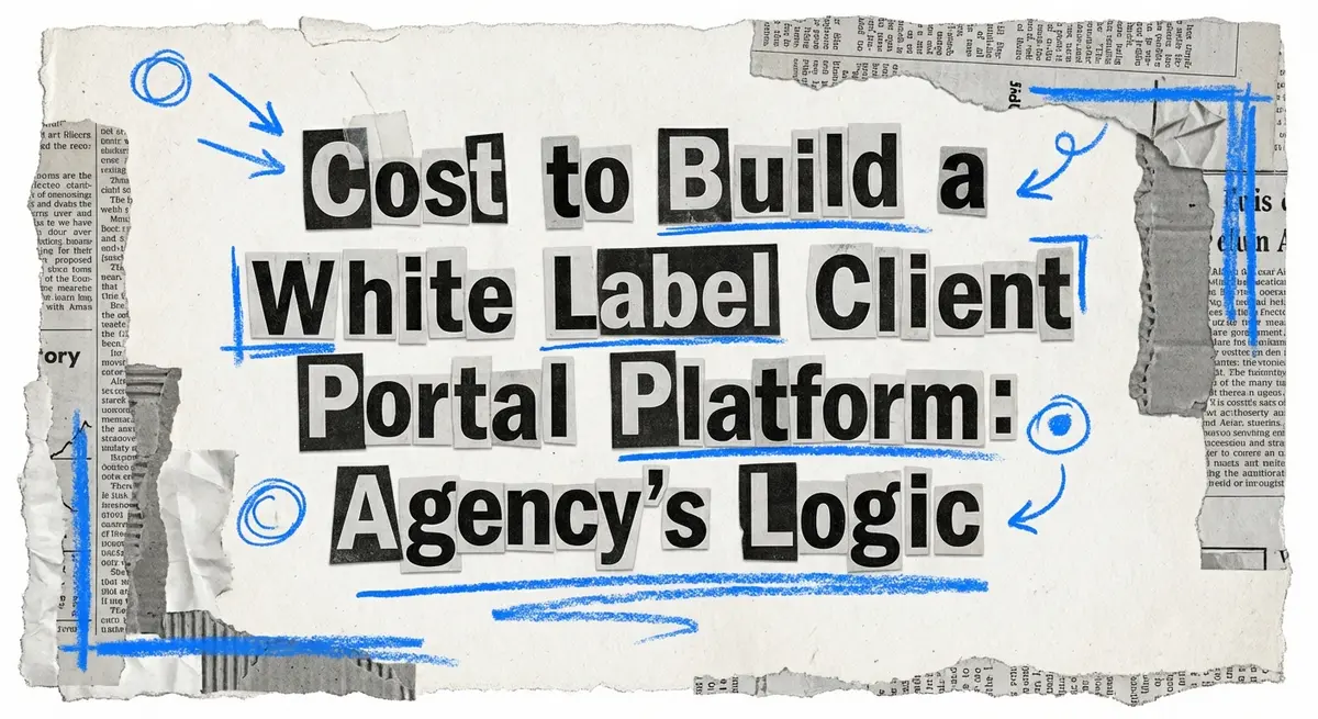 Torn paper collage featuring the cost to build a white label client portal platform text with electric blue accents