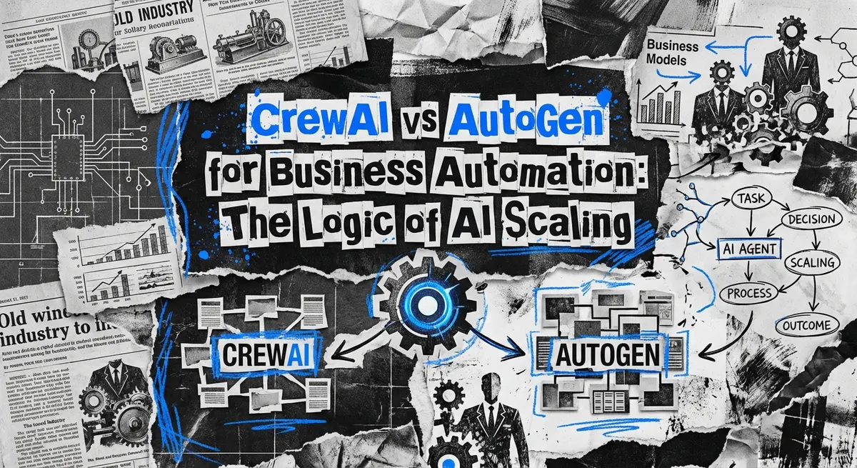 CrewAI vs AutoGen for Business Automation collage showing structured versus fluid AI agent workflows