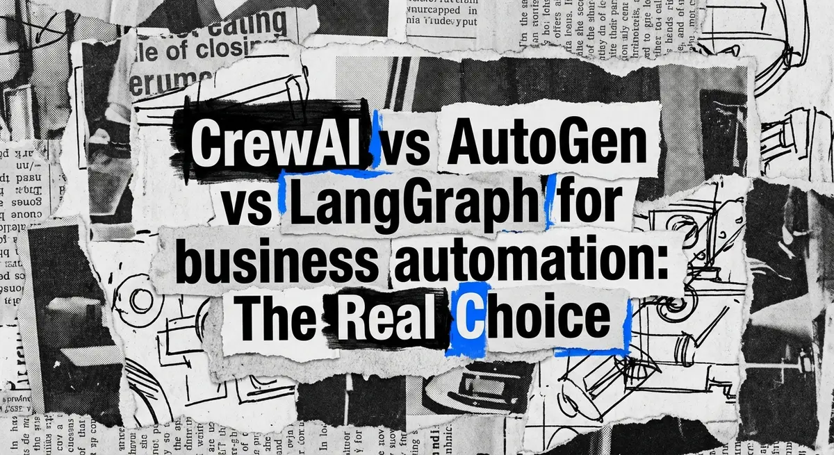 CrewAI vs AutoGen vs LangGraph for business automation comparison collage art