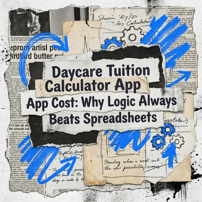 Artistic collage showing daycare tuition calculator app cost themes with torn paper and #0066FF blue accents