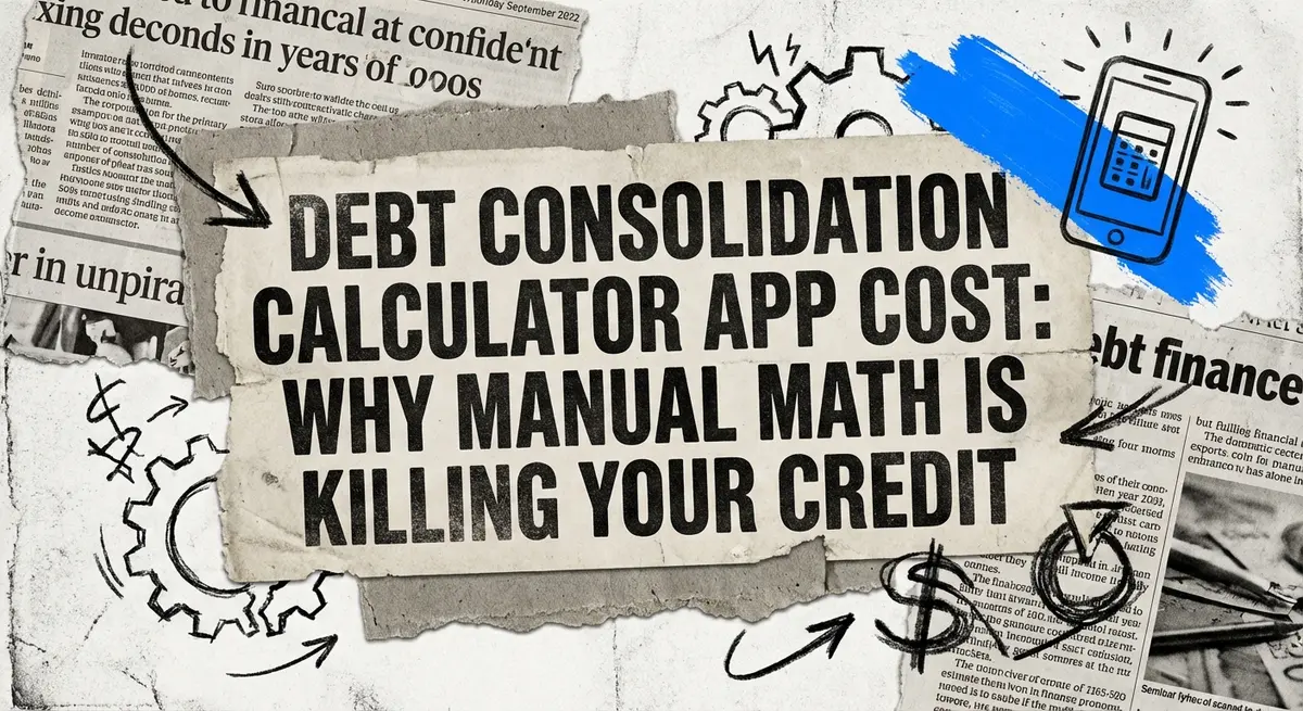 Artistic torn paper collage featuring the text Debt consolidation calculator app cost: Why manual math is killing your credit with electric blue accents