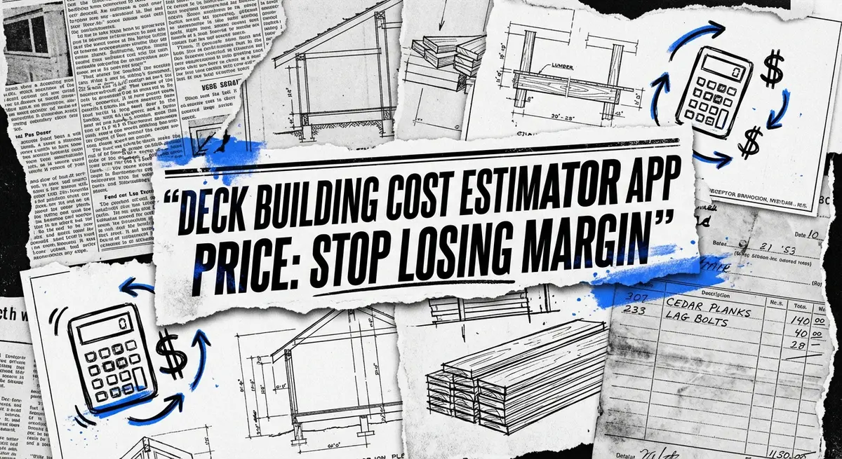 Deck building cost estimator app price collage with torn blueprints and digital tools