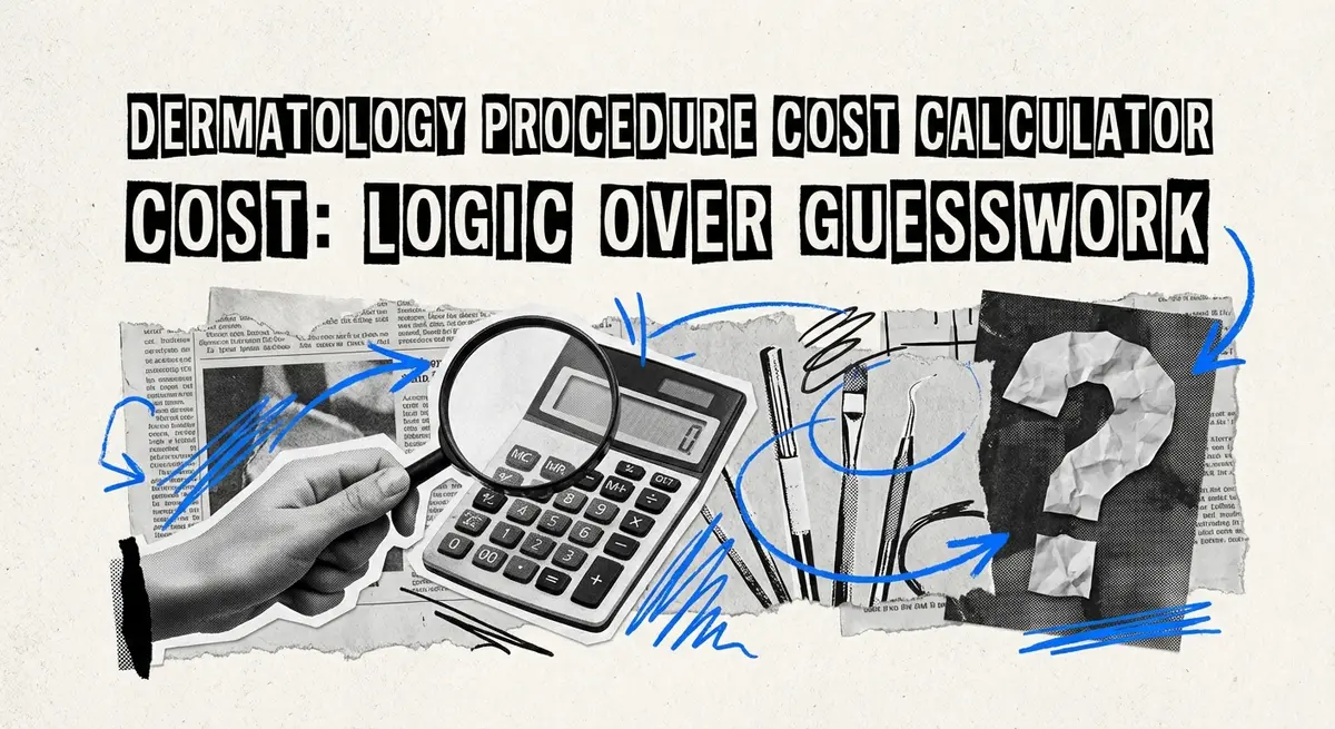 Dermatology procedure cost calculator concept art with torn paper and electric blue accents