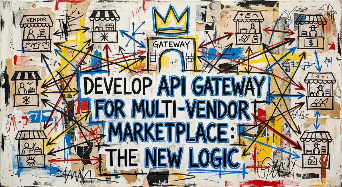 Neo-expressionist art featuring Develop API Gateway for Multi-Vendor Marketplace title with #0066FF blue accents and network nodes